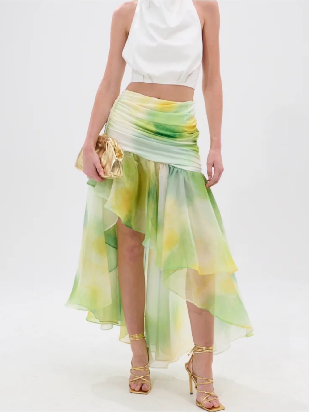 Akira Woman's Elegant Straples Layered Ruffled Skirt in Green & Yellow, Size: S